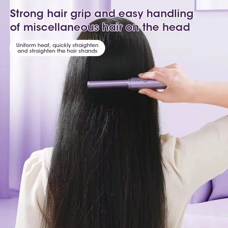 (image for) Portable Mini Electric Hair Brush Dual Use Hair Straightener Curler USB Charging Temperature Adjustable Straightener Curler Comb